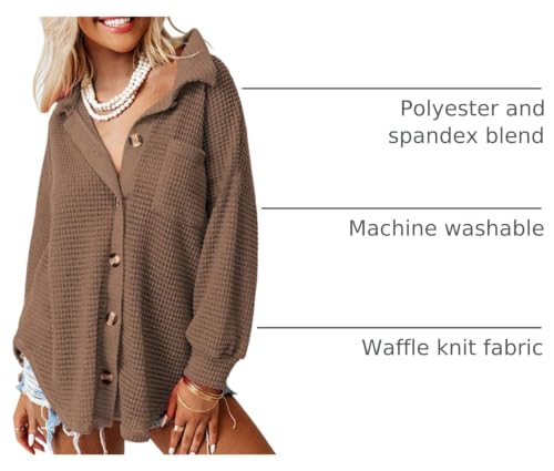 Image of Dokotoo Womens Waffle Knit Shacket Jacket Casual Button Down Shirts Tops | Long Sleeve,Loose Fit,Boyfriend Style,Collared V Neck,Fall Cardiga,Outwear with Pockets
