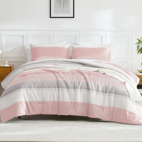 Edredón rosa Queen Litanika con bloques de color blanco rubor y 2 fundas de almohada para cama 3
