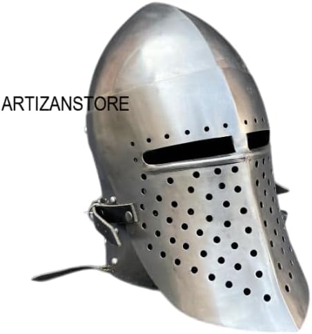 ARTIZANSTORE Medieval Barbuda Style Bassinet Helmet: 18 Gauge Steel, Full Visor