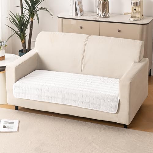 Image of HOKIPO 'Plush Haven' Premium Anti-Slip Sofa Cover Mat for 2 Seater Sofa | Soft Fluffy Plush Fabric, White (AR-5033-WHT*1)