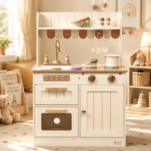 ROBUD Play Kitchen Wooden Kids Kitchen Playset for Kids with Realistic Design Sink Oven Stove Cabinet American Vintage Style Age 3+