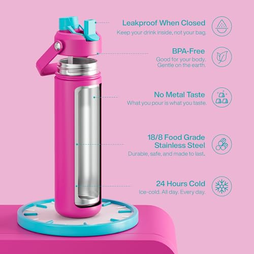 Image of ENCOOL Insulated Water Bottle with Straw Stainless Steel Water Bottle, Leak-Proof, BPA-Free, Double Wall Vacuum Keeps Cold for 24 Hours for Sports, Travel, School (26 oz, Light Crimson)
