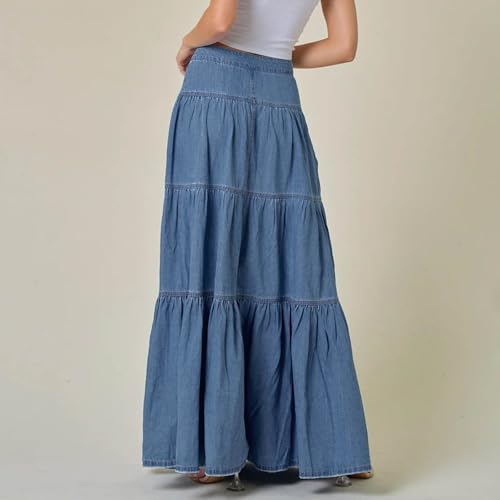 Women's Casual Denim Maxi Skirt Patchwork Ruched High Waisted Skirts Stretch Jean Long Skirt Trendy Dress with Pockets4