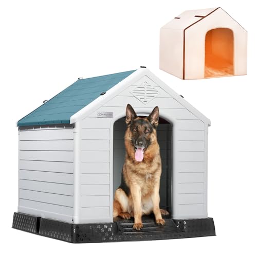 LEMBERI Durable Waterproof Plastic Dog House for Small to Large Sized Dogs, Indoor Outdoor Doghouse Insulated Puppy Shelter with Elevated Floor, Easy to Assemble (Blue with Liner, 42''L*38''W*39''H)