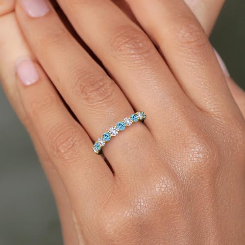 Gem Stone King 1.50 Cttw Round Swiss Blue Topaz and White Created Sapphire 18K Yellow Gold Plated Silver Eternity Band Alternate Ring | Round 3MM | Available In Size 5, 6, 7, 8, 94