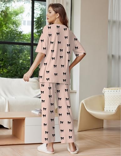 Image of Ekouaer Lounge Sets for Women Short Sleeve Tops and Long Pants Soft Comfy Pajamas Set 2 Piece Outfits
