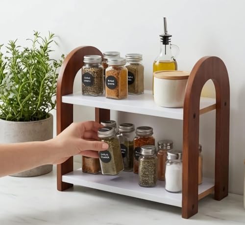 Image of FireBees 2 Tier Kitchen Counter Organizer, Wooden Kitchen Organizer Rack for Spices & Storage, Kitchen Shelf Organiser Stand, Masala Organizer Rack, Aesthetic Kitchen Organizer Items 33 x 16 x 25 cm