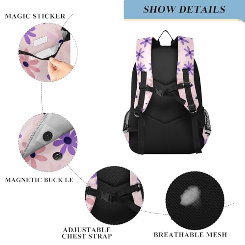kids sport backpack 8-12： large capacity bookbag for women in assorted colors - simple Purple daisy pastel pink background3