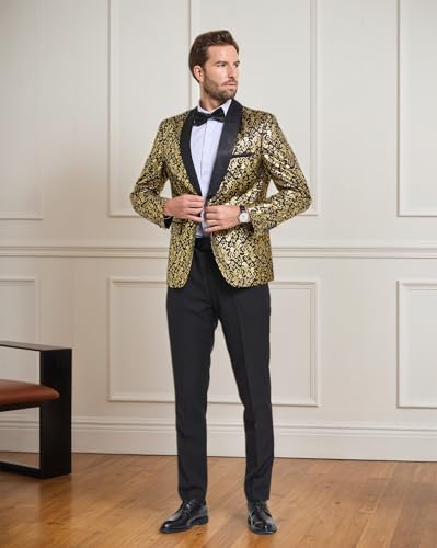 YND Men's 2 Piece Slim Fit Suit Set, One Button Shawl Lapel Floral Pattern Party Blazer, Jacket Pants with Bow Tie3