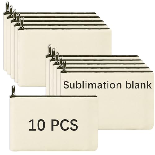 OKBA Pacote com 10 sacos de maquiagem de sublimação em branco, bolsa de maquiagem de lona, sacolas de poliéster para artesanato faça você mesmo, bolsa de cosméticos multiuso a granel 18 x 12 cm, bege