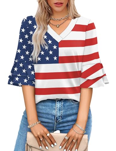 Image of OFEEFAN Spring Tops for Women Boho Shirts Fashion Clothing Cute 3 /4 Length Sleeve Blouses Dressy Casual Summer Outfits