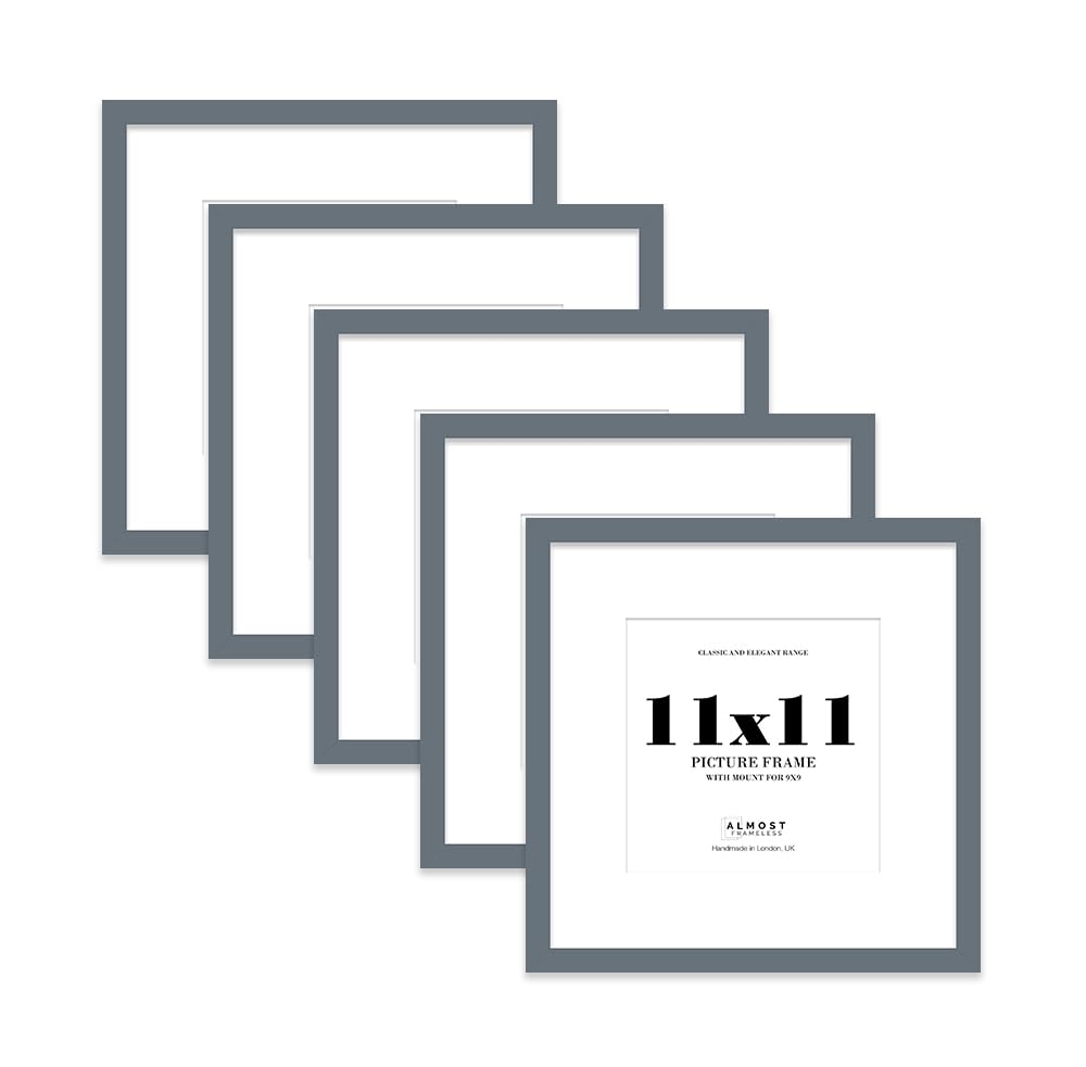 11x11 Grey Picture Frame with Mount for 9x9 Photos, Prints - Modern Square Wall Frame, Set of 5
