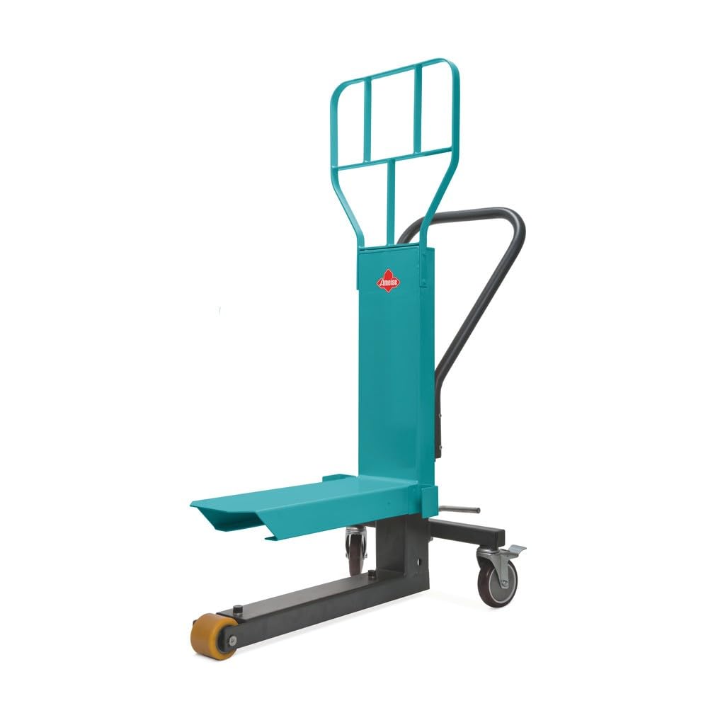 Ameise Display-Palettenheber PTM | 250 kg Tragkraft | 90-390 mm Hubbereich | 580 mm Gabellänge | hydraulisch | Polyurethan-Gabelrollen | Bockrolle | 2 Lenkrollen mit Feststellern | Türkisblau