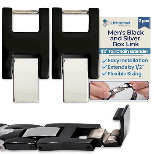 Mens Black and Silver Box Link 1/2" Tail Chain Extender. Qty. 2 Pack