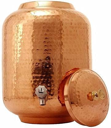 Will and Weaves Wasserspender aus reinem gehämmertem Kupfer mit Zapfhahn, Matka-Wasserkrug, Kupferkrug mit Hahn, 4 Liter, mit 2 gehämmerten Wassergläsern aus Kupfer