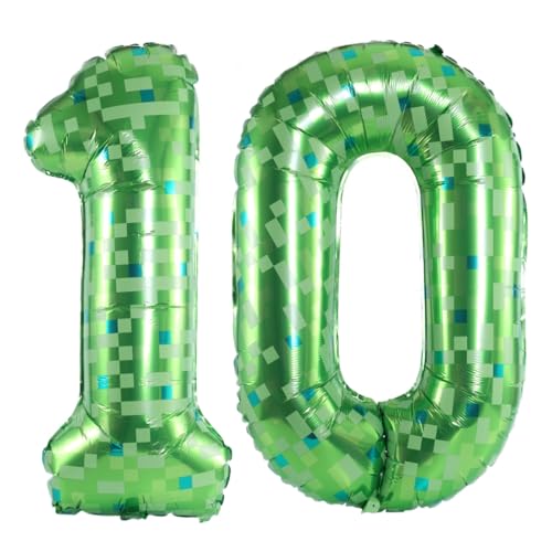 Image of Number 10 Balloon Foil Mylar Balloons for Birthday Party Decoration (Green Pixel, 40 Inch)