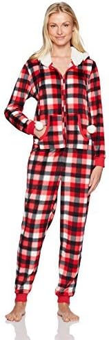 Amazon Brand - Mae Women's Sleepwear Microfleece Hooded Onesie Pajamas with Poms