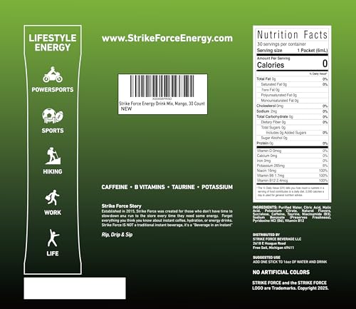 Image of Strike Force Energy Drink Mix - Mango Flavor - Natural Tasting Caffeine Drink - Turn Any Drink into a Healthy Energy Drink - Zero Calories, Keto Friendly, Sugar Free, Pre Workout (30 Liquid Packs)
