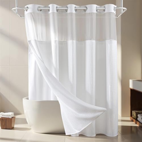 River Dream White Fabric Shower Curtain Set Cotton Blend Waffle Weave with Snap in Replacement Liner71 x 74 inches