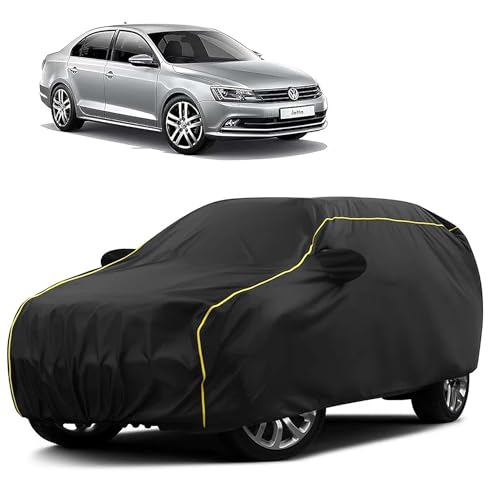 Image of Sulfar 100% Water Resistant Car Body Cover Compatible with Mirror for Volkswagen Jetta (Triple Stitched, Full Bottom Elastic, Black Taffeta with Yellow Piping)