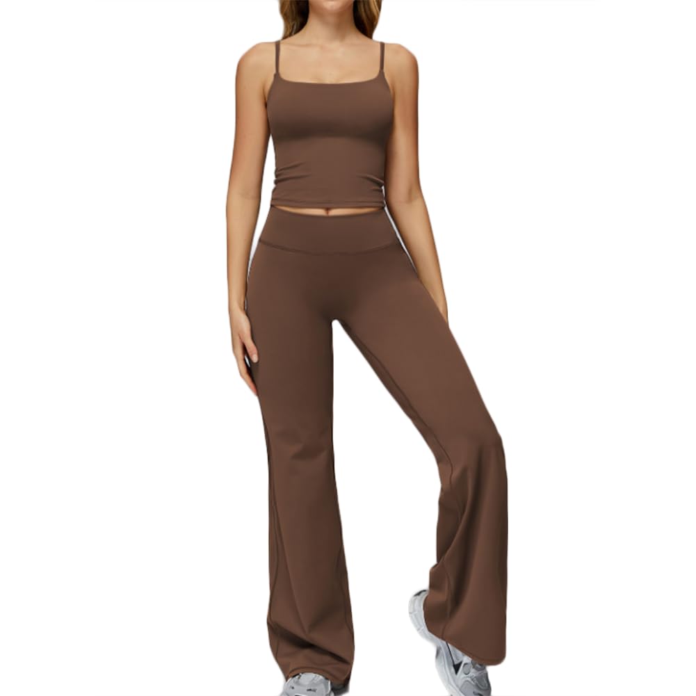 XYFfybhsd Women's Sleeveless Vest Flares Legging Yoga Set Fitness Wear Gym (Size:L,Color:Brown)