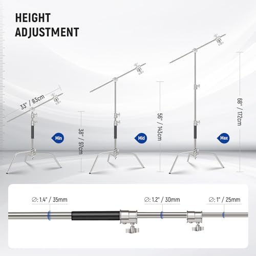 Image of NEEWER Pro 100% Stainless Steel Heavy Duty C Stand with Boom Arm, Max Height 68 inch /172cm Photography Light Stand with 2.7ft /83cm Holding Arm, 2 Grip Head for Studio Monolight, Softbox, Reflector, SC172 | Max Height 68 inch /172cm, Photography Light Stand, 2.7ft /83cm Holding Arm, 2 Grip Head for Studio Monolight, Softbox, Reflector