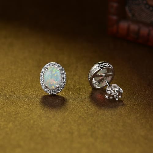 FANCIME Sterling Silver Oval Opal Ruby Necklace & White Opal Stud Earrings - October Birthstone Fine Jewelry for Women 5