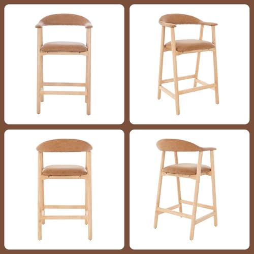 Image of 26 inch Bar Stools Set of 2, Upholstered Counter Stools, Modern Faux Leather Counter Height Bar Chairs with Backs and Arms, Wood Legs and Footrest, for Kitchen Counter, Island, Dining Room, Brown