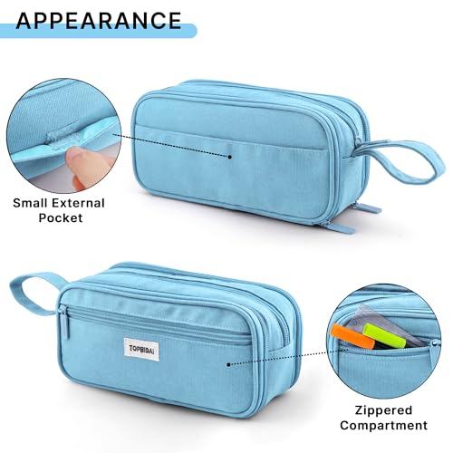 Image of TOPBIDAI Large Pencil Case Pouch for Girls Boy Women Men Adults | Big Capacity Canvas Pencil Bag, Office School Supplies, Multi Compartment Zipper Stationery Pen Box (Sky Blue)