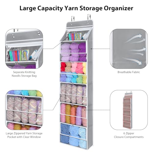 Image of Univivi Hanging Yarn Storage Organizer with 6 Zipper Closure Compartments, Large Capacity Knitting Organizer Storage, Over the Door Hanging Yarn Holder for Knitting Needles, Crochet Hooks (Light Grey)