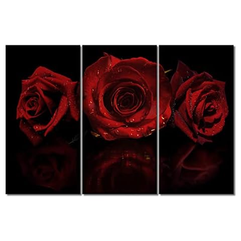 YAYNICE Red Rose Canvas Wall Art Flower Blossoming on Black Background Picture Print Wall Painting 3 Piece Modern Artwork Wall Décor for Bedroom Living Room Bathroom Office Cover