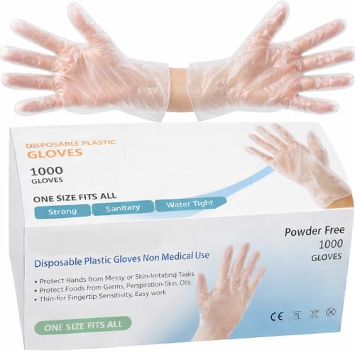 1000 x Disposable Polythene, PE, Plastic Gloves for Food handling, Cleaning, Cooking, Food Counters, Crafting, Hair Dye, Sanitary, Multipurpose, Powder Free One Size Fits Most Box of (Gloves, 1000)