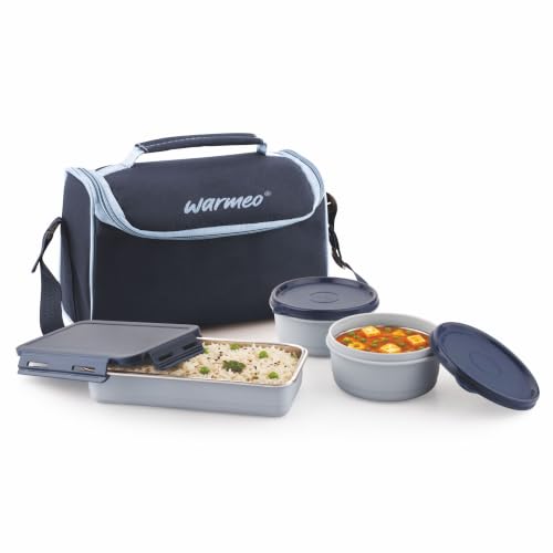 Image of WARMEO Micro Meal Microwave Safe Lunch Box | 1 Rectangular Container 600ml + 2 Round Container 350ml Each | BPA Free I Stylish Durable Jacket I Ideal for Office,School,Outdoor, Picnic,Blue