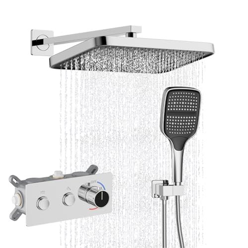 Ronvie Concealed Shower System with 13" Explosion-Proof Rainfall Head, Smart Push Button Shower Mixer Set, 3-Mode Handheld Spray, All Brass Body Concealed Shower Set for Bathroom, Chrome