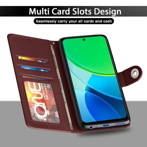 Image of Pikkme Flip Cover Leather Finish | Inside TPU with Card Pockets | Wallet Stand and Shock Proof | Complete Protection Button Flip Case for Vivo Y19s(Brown)