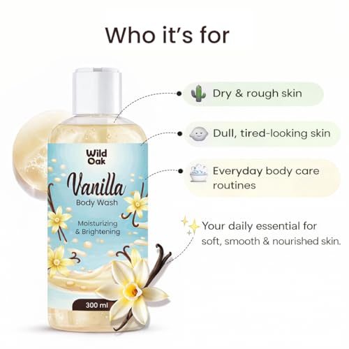 Image of WildOak Vanilla Body Wash | 300ml | Brightening, Hydrating & Gentle Exfoliating with Hyaluronic Acid, Collagen Peptides & Ceramides | Cleanser with Mandelic Acid & Probiotics for Soft, Smooth & Radiant Skin