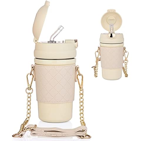Insaluted Water Bottle with Straw, AMITER Stainless Steel Leakproof Drining Bottle, 450ml (Beige) Cover