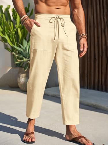 Runcati Mens Cotton Linen Casual Pants Elastic Waist Drawstring Lightweight Cropped Pants Summer Beach Yoga Trousers2