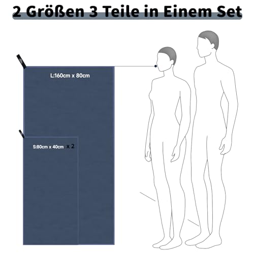 Pameil Mikrofaser Handtuch 3er Set (160x80cm Groß Badetuch +2 Stück 80x40cm Klein Handtuch), Reisehandtuch...