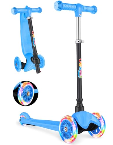 BELEEV 3-Wheel Scooter for Kids Age 2-6 Scooter for Toddlers Girls Boys Children Adjustable Height Lean to Steer Light Up Wheels Extra-Wide Deck(BLUE)