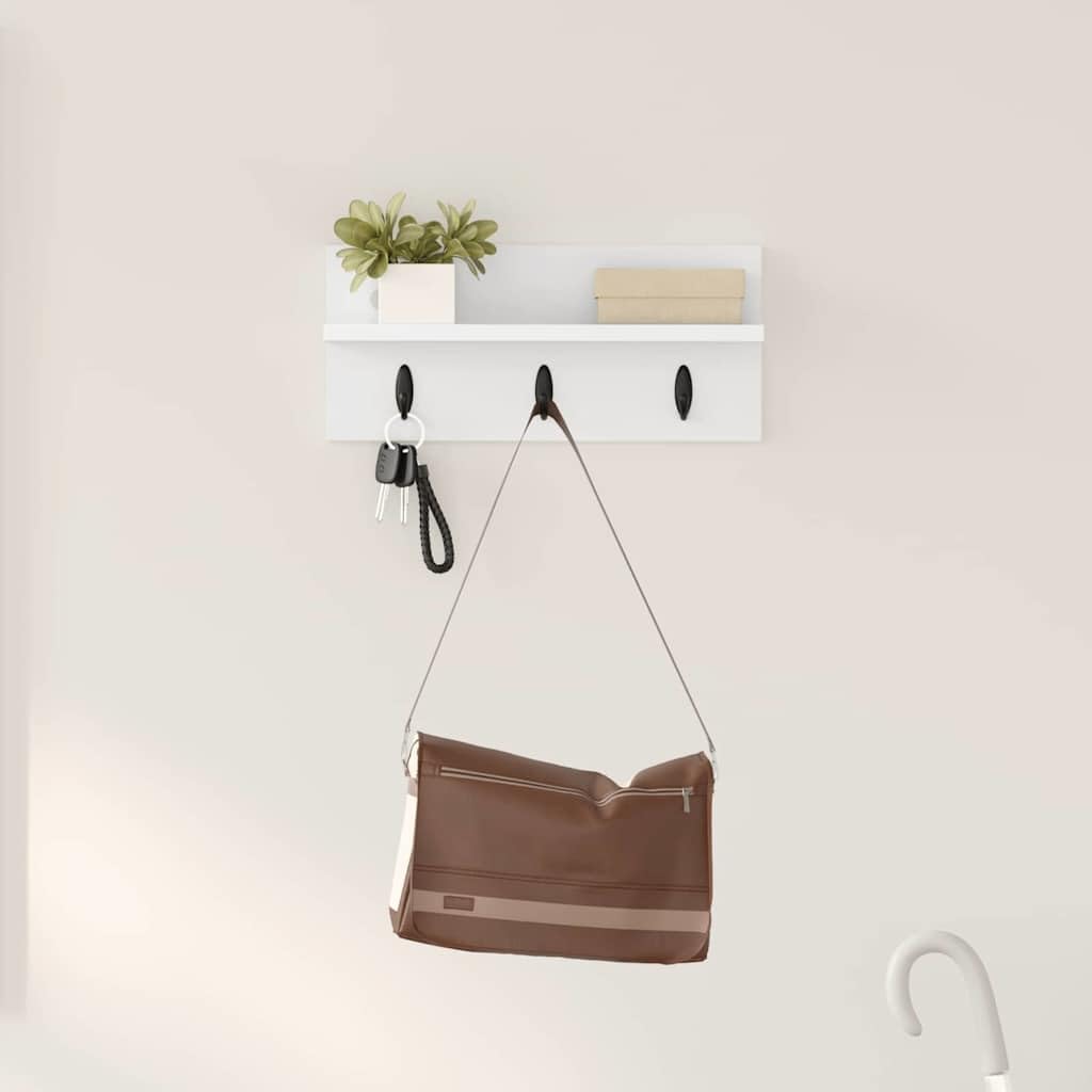 Porte-manteau mural en bois - Blanc - 40 x 10,5 x 18 cm - Avec étagère et 5 crochets métalliques - Design moderne - Construction robuste - Pour couloir, chambre à coucher