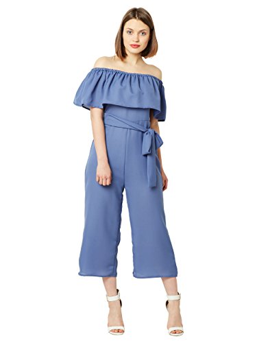 Image of Miss Chase Women's Blue Off-Shoulder Ruffled Midi Jumpsuit
