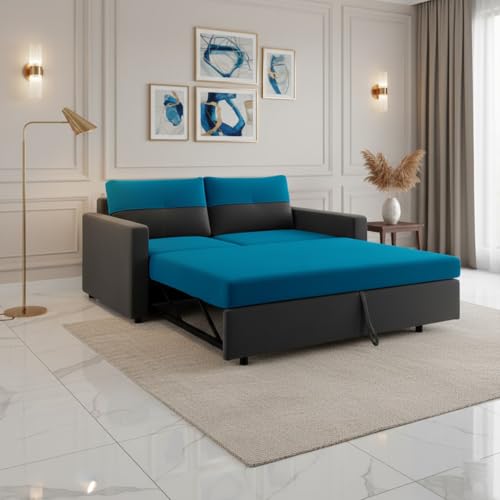 Image of SOCOZI Enrique 2-Seater Pull-Out Sofa Cum Bed | Soft Velvet Suede Fabric, Convertible Sofa Bed for Bedroom (Dark Grey-Aqua Blue)