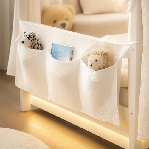 ALAVYA HOME® Betttasche aus Musselin 90x38 cm - Praktischer Organizer für Baby- und Kinderbett - Wechselkleidung & Windeln Hält alles ordentlich und griffbereit (Weiß)