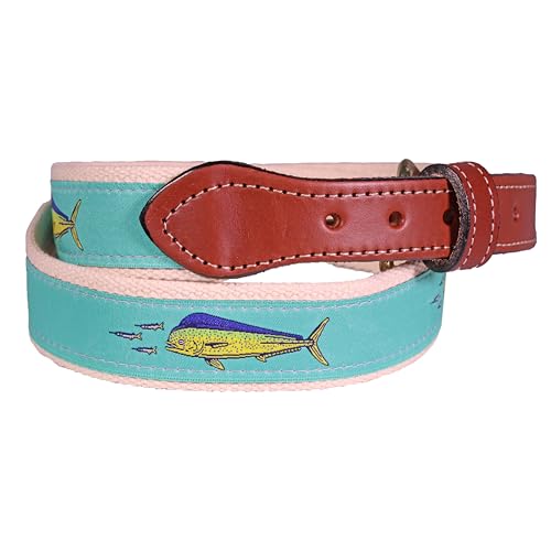 Seafoam Dolphin and Ballyhoo Mens Leather Belt - Mahi Mahi and Bait Fish Design, Made in USA
