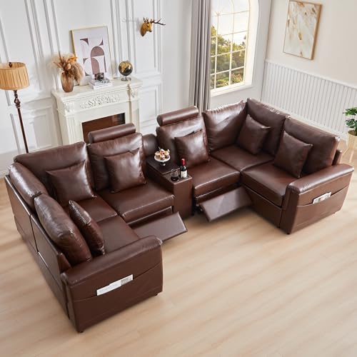 Image of RARZOE Faux Leather Sectional Sofa with 2 Power Recliner, U Shaped PU Leather Couch with Storage Console Charging Cup Holders, 6 Seater Oversized Modular Reclining Couches for Living Room, Brown
