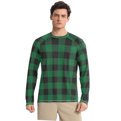 Green Black Plaid Long Sleeves UPF 50+ Classic Crew Neck Elasticity Rash Guard Long Sleeve Beach