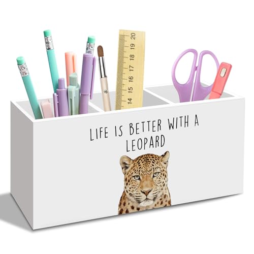 nvucamd Preppy Leopard Pen Pencil Holder for Desk, Funky Cheetah Office Desk Accessories, Trendy Life Is Better with a Leopard Pen Holders Organizer for Women Bathroom Decor