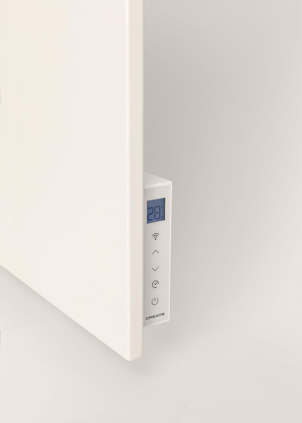 CREATE/WARM MINIMAL IR/Chauffage infrarouge mural avec WiFi blanc cassé/Pour des pièces allant jusqu'à 10m², contrôle via l'application, protection IP24, finition miroir, 520W