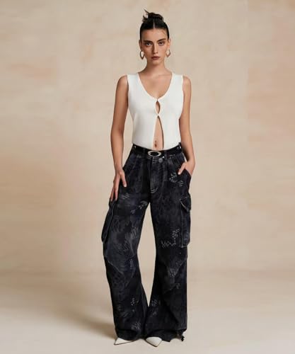 Women's Vintage Camo Snake Print Cargo Jeans Loose Fit Hip Hop Wide Leg Denim Streetwear Pants2